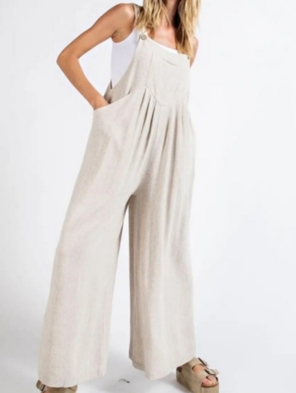 143 Story By Line Up Tan Cotton Linen Blend Overalls